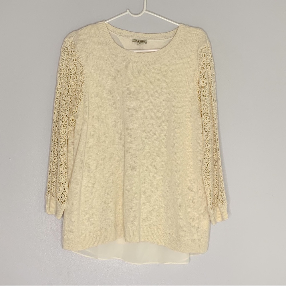 lucky brand lace sleeve knit off white Crewneck sweater women’s XL pullover new